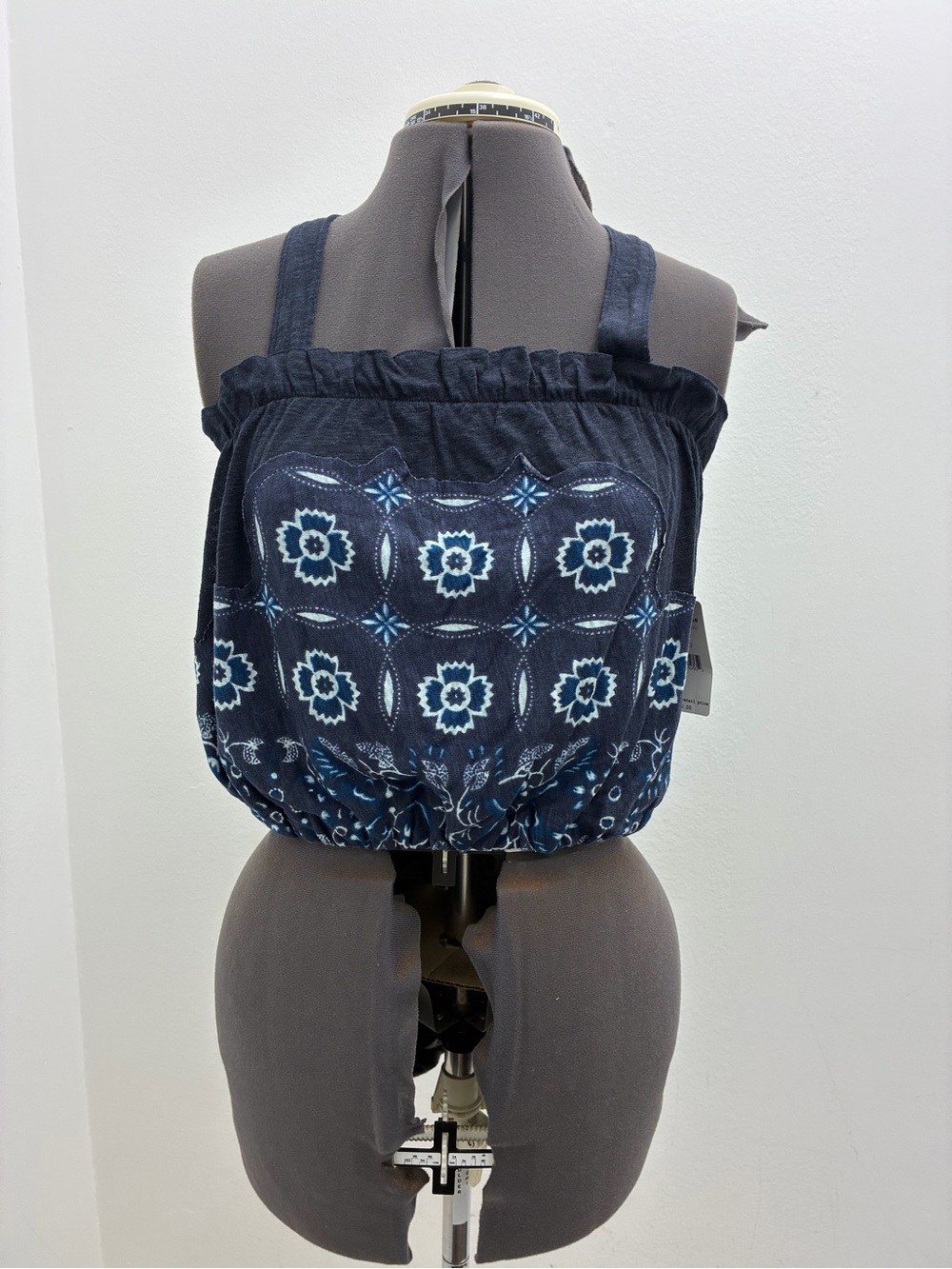 Free People Navy Blue Floral Smocked Crop Top